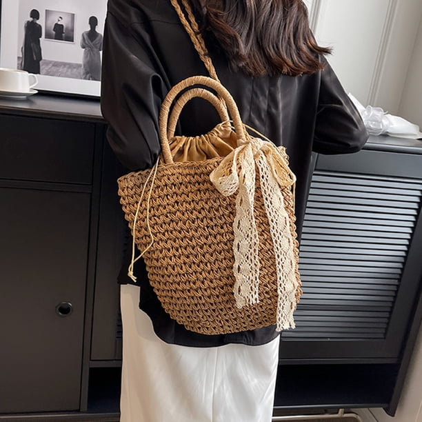 Bolso de mano para mujer, bandolera con lazo de encaje a la moda, Bolso informal elegante de paja para la playa