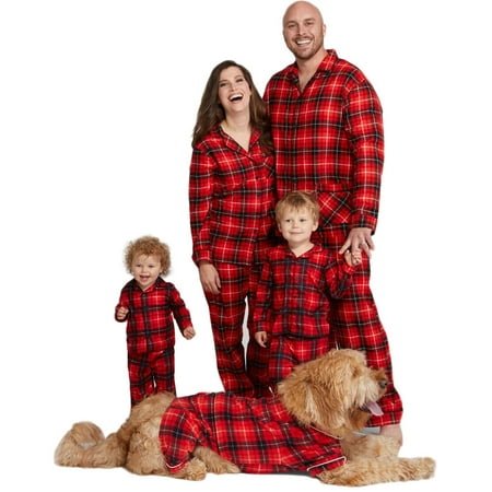 Holiday Sleepwear with Classic Black and Red Plaid Matching Family Christmas Pajamas Sets for Couples, Kids, Dog and Owner