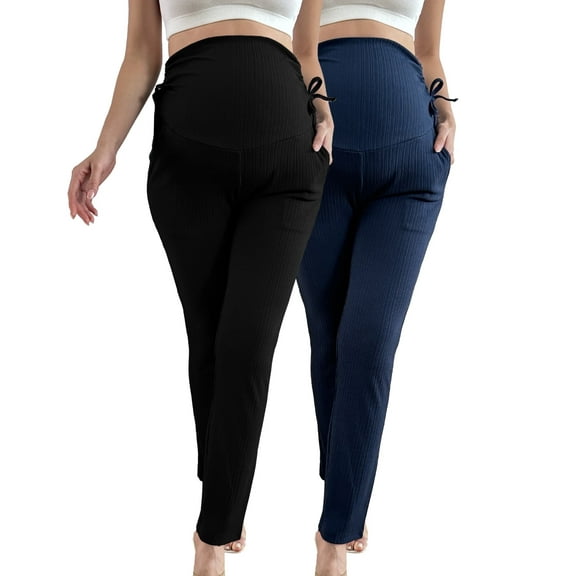 Bearsland Women's Plus Size Maternity Pants Drawstring Maternity Leggings Over The Belly Stretchy Straight Pregnancy Pants with Pockets 2-Pack