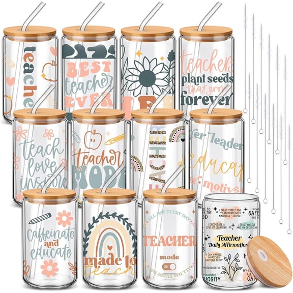 12 Sets Teacher Appreciate Gifts Bulk 2026 Teacher Glass Cups with and Straws 16 oz Iced Coffee Cups Cute Glass Tumbler Thank You Graduation for Women Employee Birthday to School