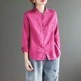 thumbnail image 2 of Women's Loose Fit Linen Shirts Blouses Tops Short Sleeve Round Neck Solid Color Casual Daily Wear Business Casual Vacation Beach Outfits Fashion Essential Gift for Women | HAODEJW,Hot Pink M, 2 of 7
