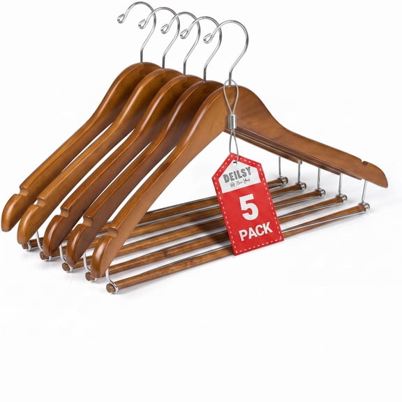 DEILSY Suit Hangers for Men with Open Bar - Premium Brown Wooden Hangers for Suit & Pants - Durable Wood Hangers for Closet Organization - Pack of 5