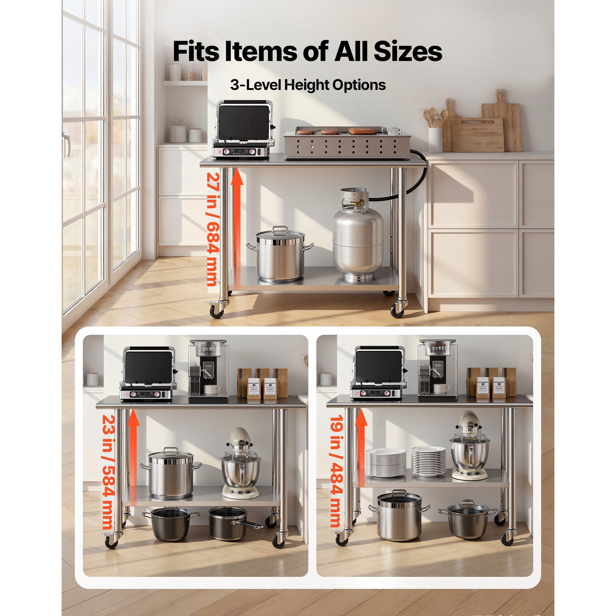 KFFKFF Stainless Steel Work Table, 24x48 inch Food Prep Station with Wheels and Backsplash, Adjustable Undershelf Metal Utility Table for Kitchen, Home, or Outdoor Use
