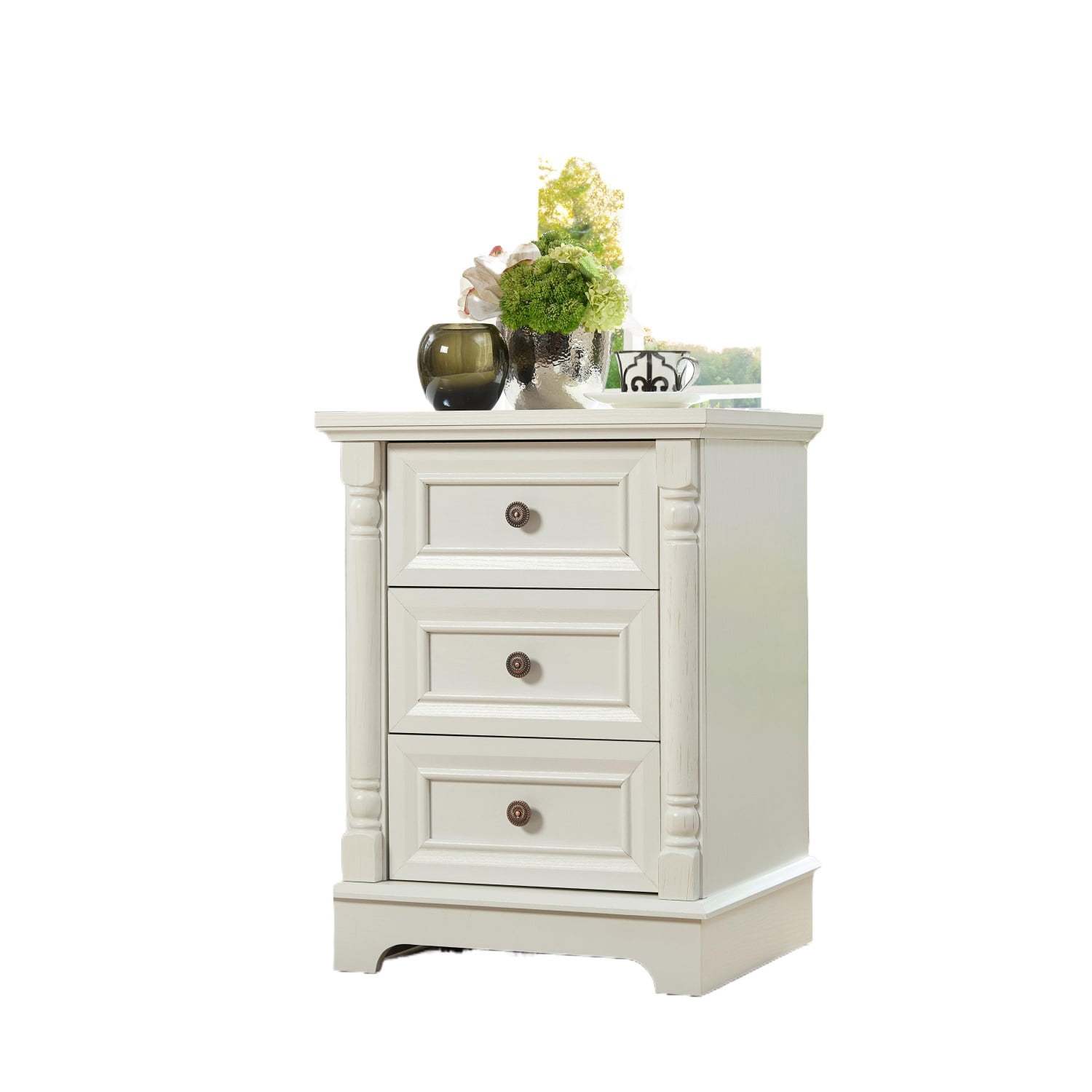 Hommoo Farmhouse Style 3-Drawer Side Table with Storage, Charging Pedestal & Roman Posts Decoration, Rustic Wood Square Nightstand Chest of Drawers for Living Room, Bedroom, Office, White