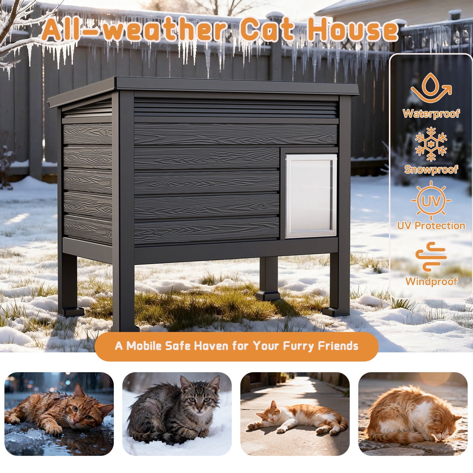 fazzn Outdoor Cat House X-Large: Weather Resistant, Raised Floor, Dual Waterproof Flaps, 50% Bigger, Dimensions 31" L x 26.7" H.Black,Father's Day Gift