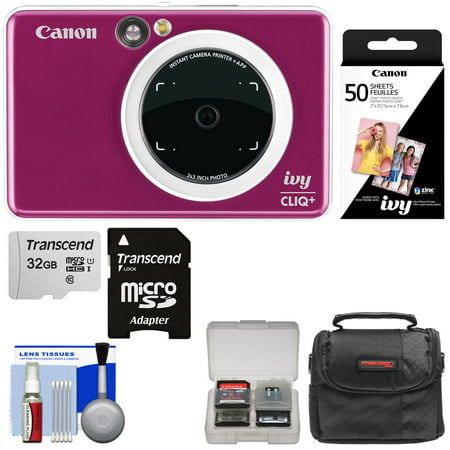 Canon IVY Cliq+ Instant Digital Camera Printer + App via Bluetooth (Ruby Red) with 32GB Card + 50 Color Prints + Case +