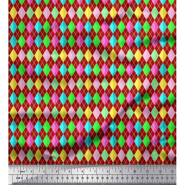 Soimoi Red polyester Crepe Fabric Diamond Geometric Print Sewing Fabric Yard 42 Inch Wide