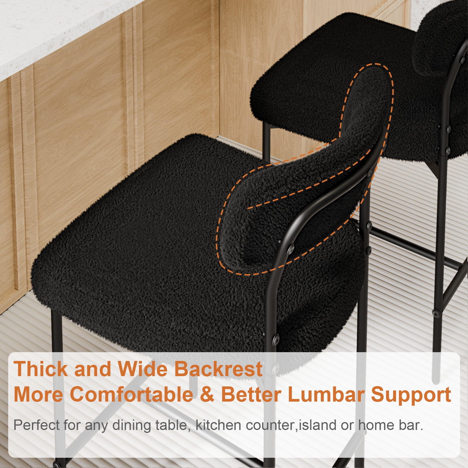 Hommpa Bar Stools Set of 3 with Back & Footrest 26" Counter Height Barstools Boucle Bar Chairs Modern Pub Chairs Black Plush for Kitchen Island Bistro Coffee Shop Mid Back