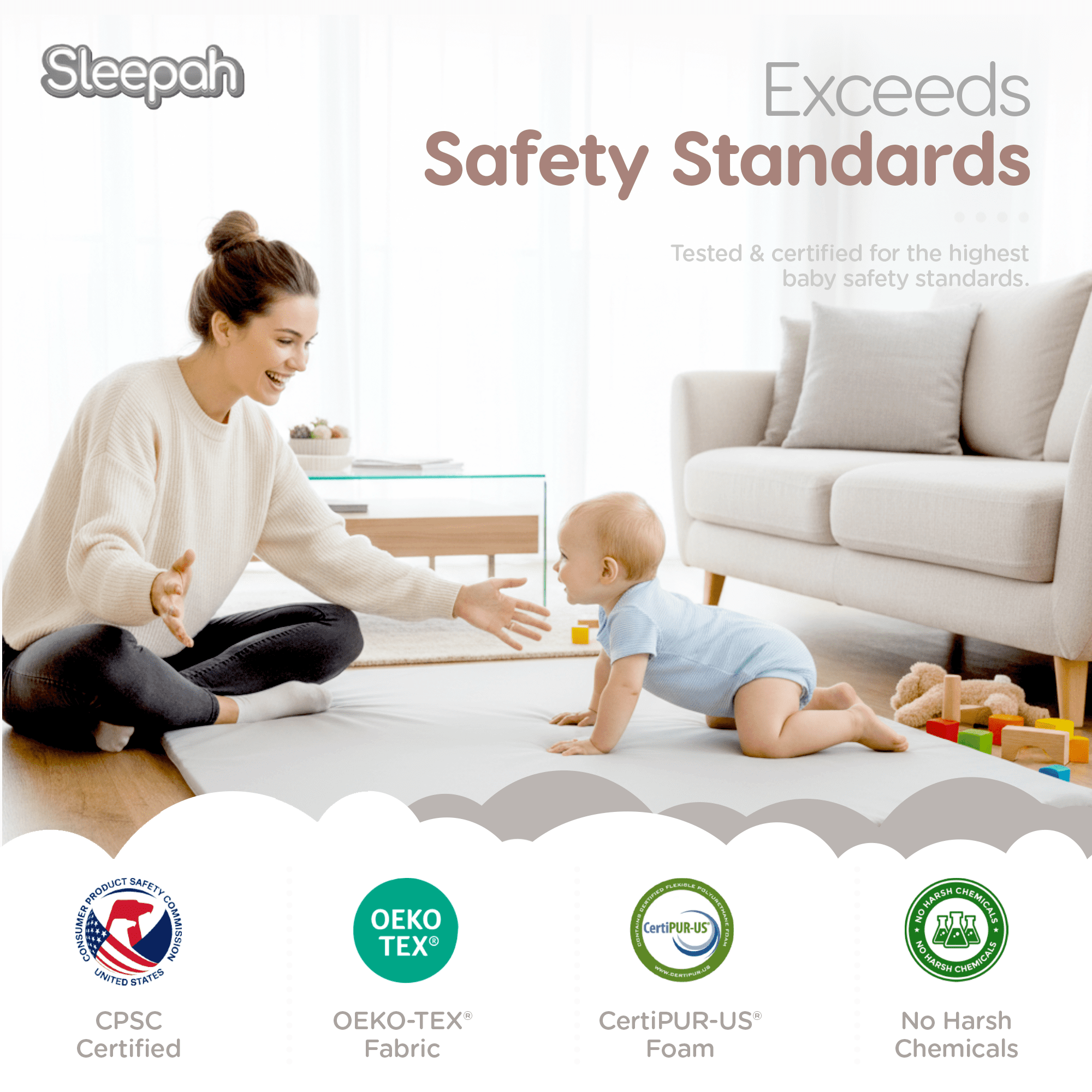 Sleepah Baby Play Mat for Floor 50" x 50" – Waterproof Vegan Leather Tummy Time Mat – Easy to Clean with Removable Cover – Foam Support with Non-Slip Bottom for Infant, Kids & Toddler Crawling