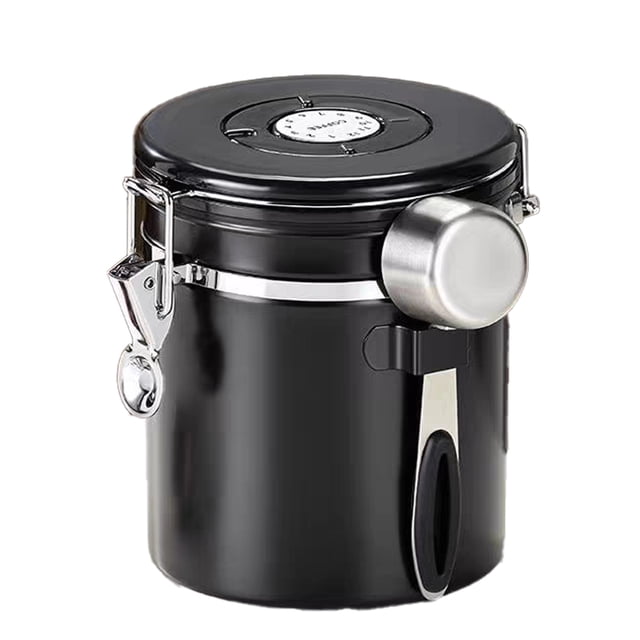 Recipiente de café para café molido, recipientes para granos de café, recipiente hermético para almacenamiento de café con cuchara, negro, tanque de almacenamiento de alimentos de 1800 ml