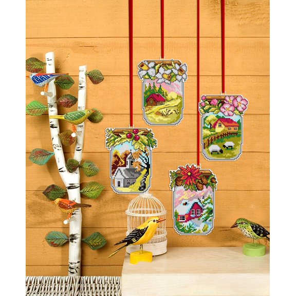 Counted cross stitch kit with plastic canvas "Four seasons jars" set of 4 designs 7698