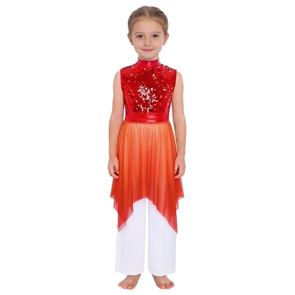 Doomiva Kids Girls Church Worship Praise Dance Outfit Sleeveless Sequin Tunic Swing Dress with Liturgical Pants Red 14