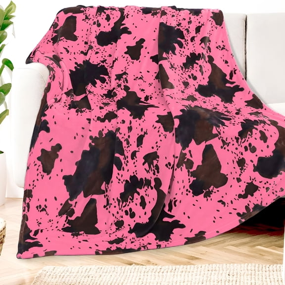 AUQ Hot Pink Cow Blanket Flannel Fleece Throw Blanket Soft Cozy Black Cow Print Blankets for Bed Couch Sofa 50x60"