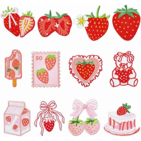 PH 12Pcs Strawberry Iron on Patches Cute Fruit Cake Sew on Repair Patches Clothing Embroidered Applique Pink Red DIY Accessories for Clothing Backpack Hat T-Shirt Dress colorful