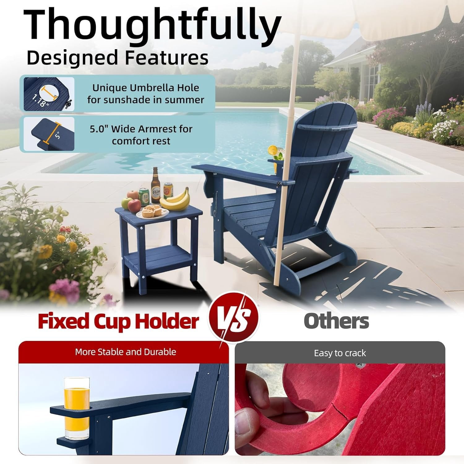Folding Adirondack Chairs, HDPE Plastic Adirondack Chair with Cup Holder Weather Resistant,  Texture Outdoor Fire Pit Chairs for Patio Garden,Poolside and Deck, Umbrella Hole, Dark Blue