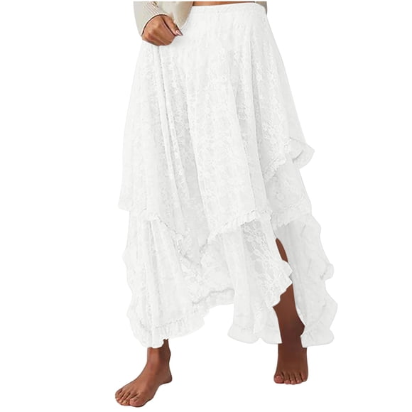 LOVZFMLL Long Skirts for Women Tiered High Low Hem Boho Lace Maxi Skirts Elastic Waist Swing Flowy Casual Beach Vacation Clothes White L