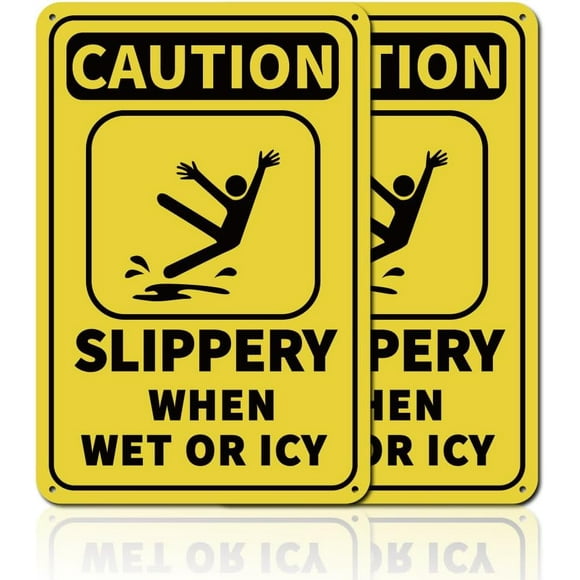 2Pcs Caution Slippery When Wet or Icy Metal Sign 8x12inch 35 Mil Aluminum Warning Sign for Outdoor Areas Driveways Walkways Parking Lots Staircases UV Protected and Waterproof