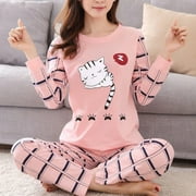 Cheers Winter Cute Cartoon Cat Print Pajama Set Women Two-pieces Long Sleeve Sleepwear