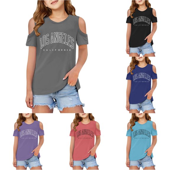 Rggeeun Child Girls Blouses Cute Text Print Cold Shoulder Summer Short Sleeve Crew Neck Soft Lightweight Loose Fit for Daily Wear Sweet Tops,Gray,4-5 Years