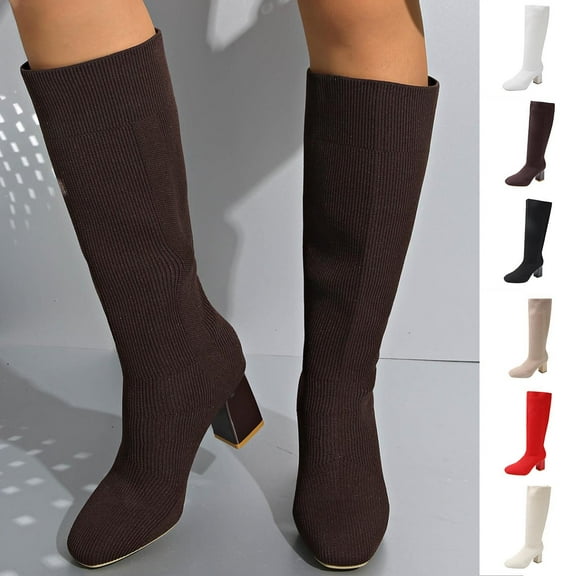 Miluxas Knee High Stretch Boots Chunky Heeled Knee High Square Toe Pull On Boots White 9(42)