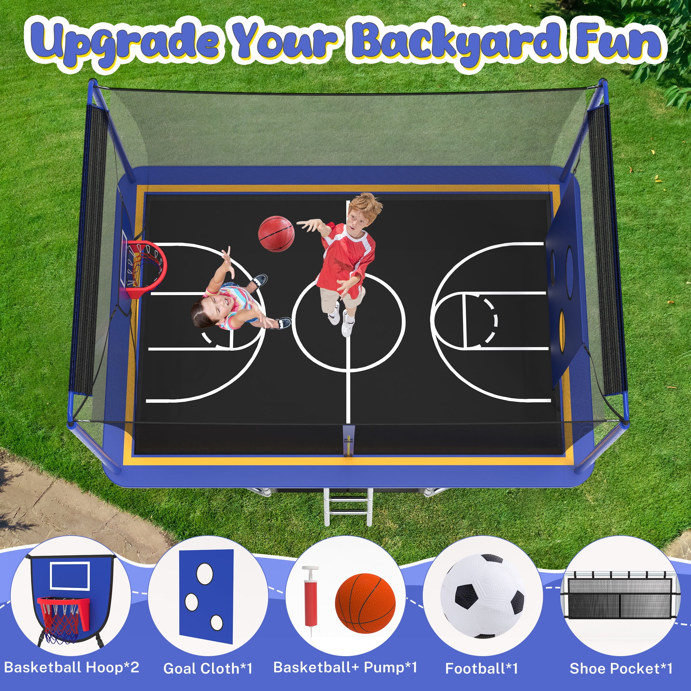 8 ×12FT Large Trampoline for Kids and Adults, SHINPT Outdoor trampoline with 2 Basketball Hoops, Big Trampoline with 360° Safety Net, Kids Trampoline Outdoor with Football Net with 1600LBS Capacity