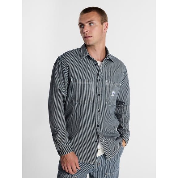 Kacey Lee Men's Workwear Striped Denim Shirt with Long Sleeves, Sizes S-2XL