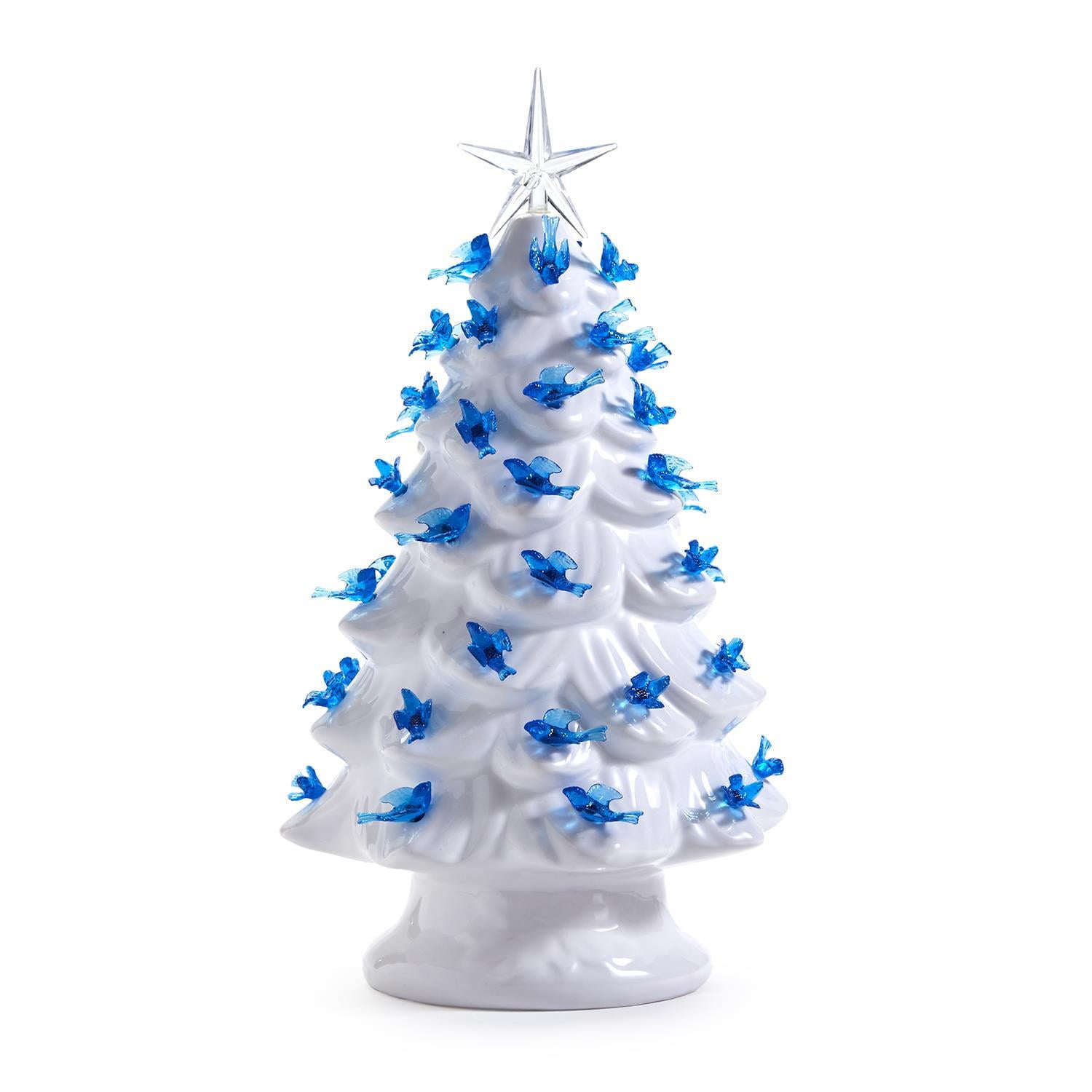 Blue & White Christmas Light Up Vintage Tree W/ Blue Doves & Star