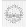thumbnail image 3 of Alchemy Shower Curtain, Abstract Design in Muted Tones with Sun Planets Orbit and Dragonfly Illustration, Fabric Bathroom Set with Hooks, 69W X 84L Inches Extra Long, Grey White, by Ambesonne, 3 of 3