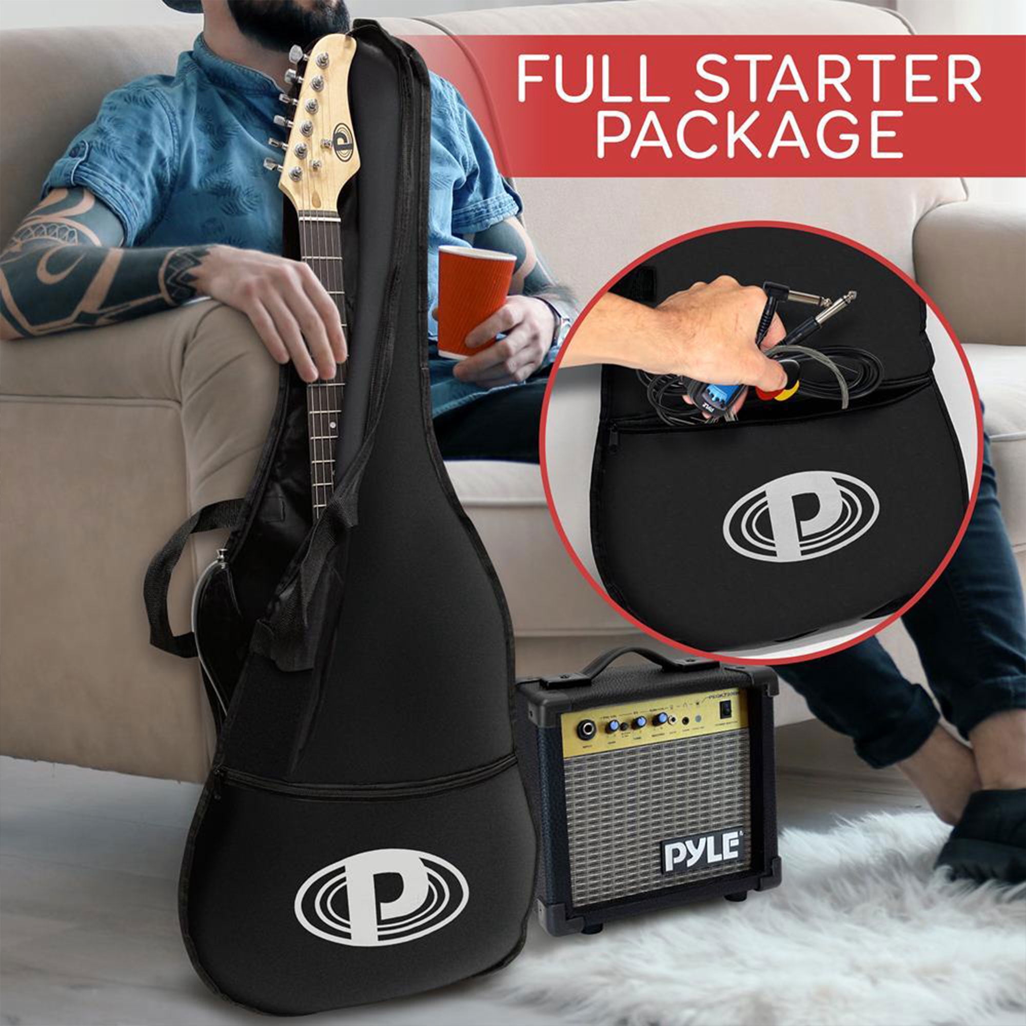 Pyle 39" Beginner Electric Guitar Kit W/ Amp, Full Size Instrument W/ Amplifier & Accessories BLACK