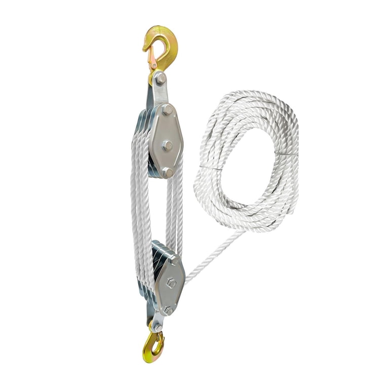 box and tackle pulley 2 Ton Rope Hoist Wheel Block Tackle, 4000LB 65 Feet Poly Rope Hoist Pulley Block 7:1 Ratio Lifting Power Made from steel Twin Sheave Block And Tackle