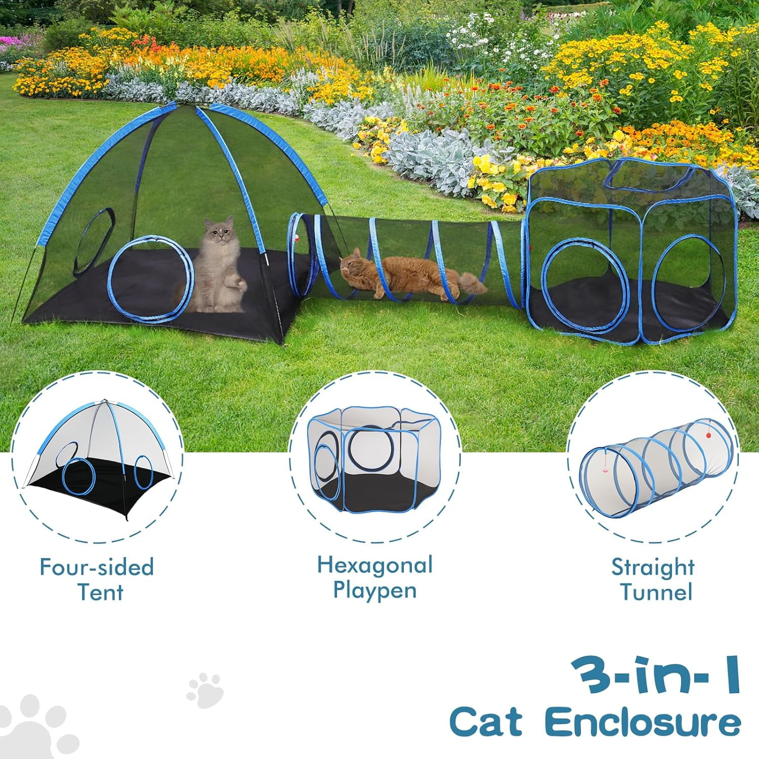 Outdoor Cat Enclosure, 3-in-1 Catio Outdoor Cat Enclosure with Tunnel for Outside and Indoor, Cat Tent Portable Catio Pet Playpen with Storage Bag for Kitty and Small Animals