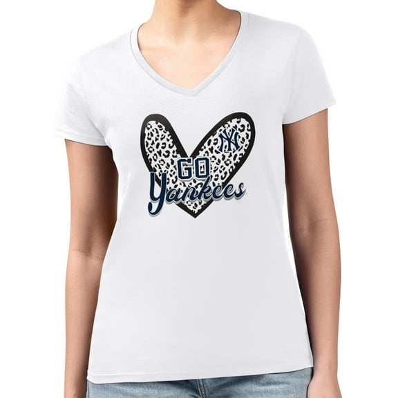 Women's G-III 4Her by Carl Banks White New York Yankees Super-Slim Fit Lightweight Leopard Heart V-Neck T-Shirt