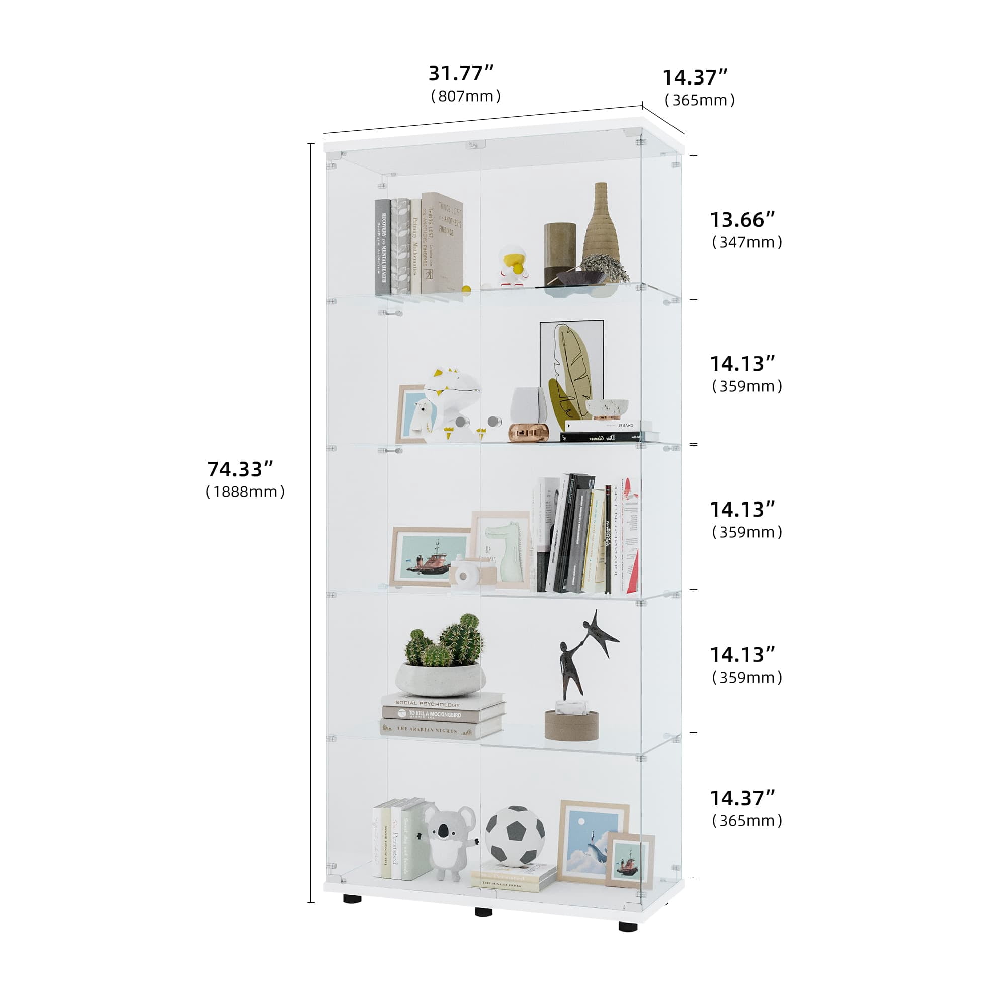 MAYEERTY Glass Display Cabinet 5 Shelves with Double Door, Glass Cabinets Floor Standing Bookshelf, White, 74.3"×31.7"×14.3"