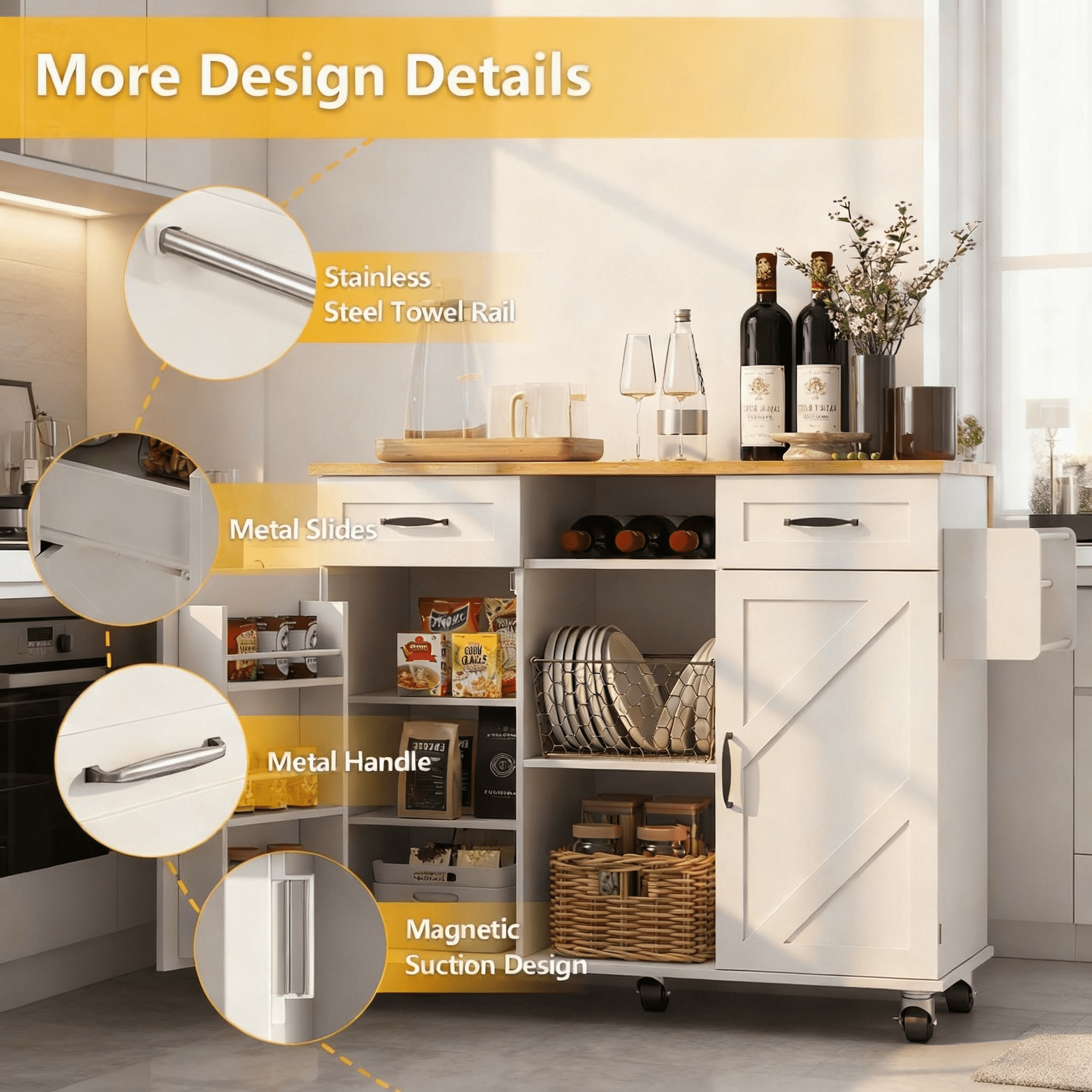 Rolling Kitchen Island Cart with Storage Cabinet & Drop Leaf, Mobile Kitchen Island on Wheels with Drawers, Spice Rack & Towel Holder, Farmhouse Butcher Block Countertop, 51.5" Kitchen Storage Table