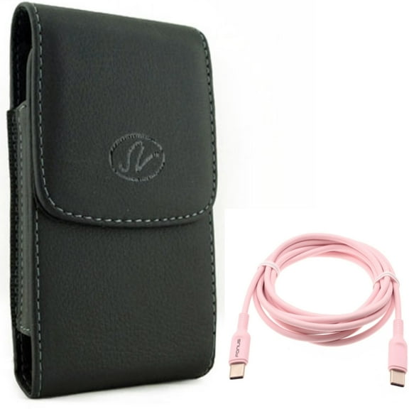 For Google Pixel 6 - Case Belt Clip w Pink 6ft Long Cable, Leather Holster Cover, USB-C to Type-C PD Fast Charger Cord for Google Pixel 6 Phones