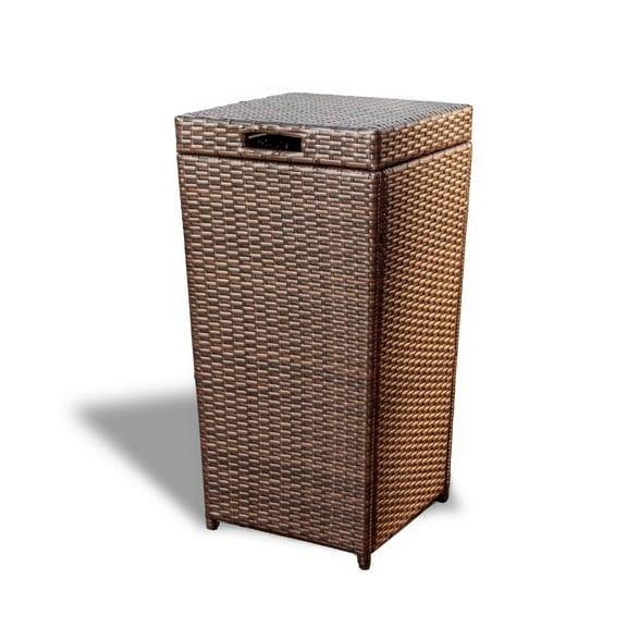 Hearth & Harbor 35 Gallon Outdoor Trash Can with Lid, Hideaway Wicker Rattan Garbage Can, Brown