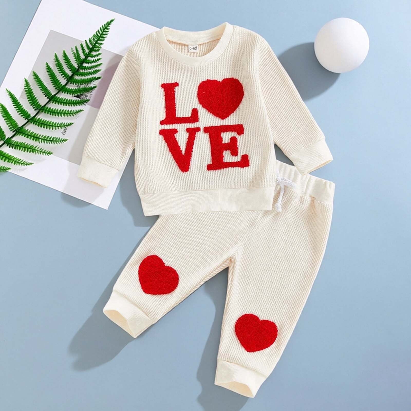 Gelikeya Baby Girl First Valentines Day Outfit Long Sleeve Tops Pants 2 Piece Cute Hearts Birthday Spring Fall Clothes, X02 Beige & 3-4 Years
