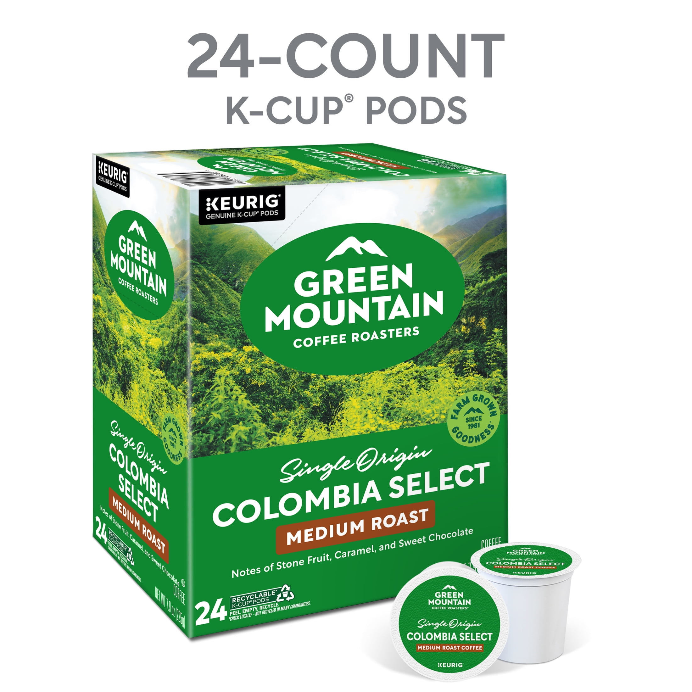 Green Mountain Coffee Colombia Select Fair Trade Certified K-Cup Pods, Medium Roast, 24 Count for Keurig Brewers