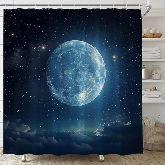 Moon Shower Curtain Star Starry Fantasy Night Sky Full Moon Celestial Cloud Celestial Galaxy Dark Blue Navy Fabric Bathroom Decor Set With Hooks 60"W x 72"L