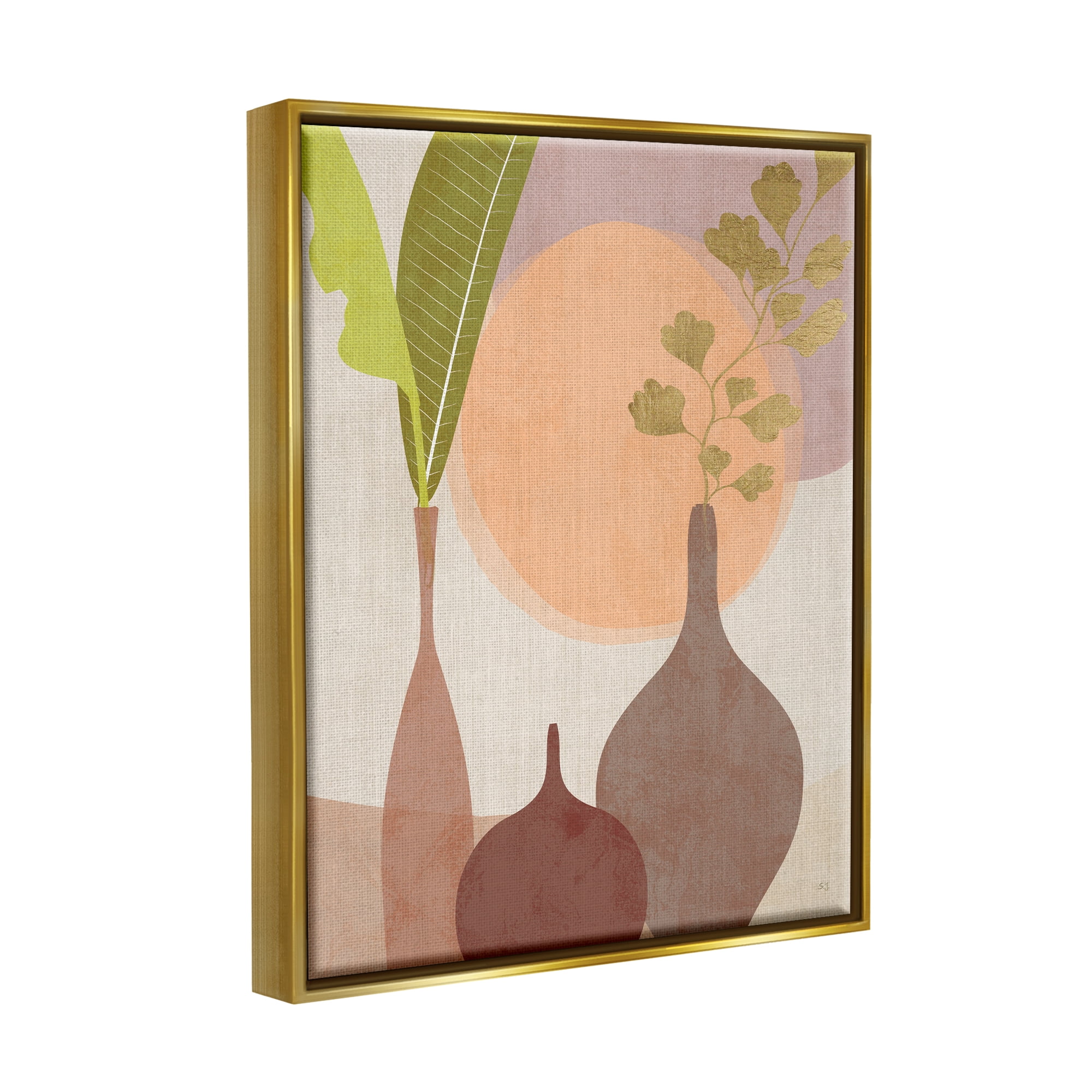 Stupell Industries Neutral Plants in Vases Botanical & Floral Painting Gold Floater Framed Canvas Art Print Wall Art, 17 x 21