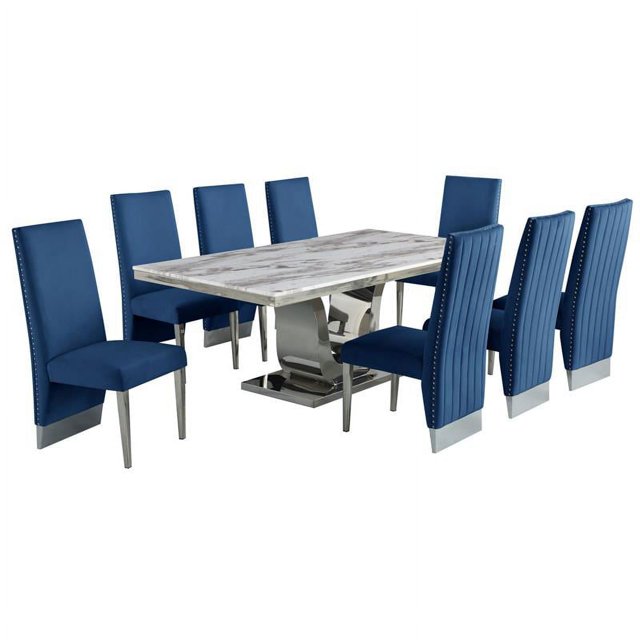 Silver Stainless Steel 9 Piece Dining Set with Marble Table and Navy Chairs