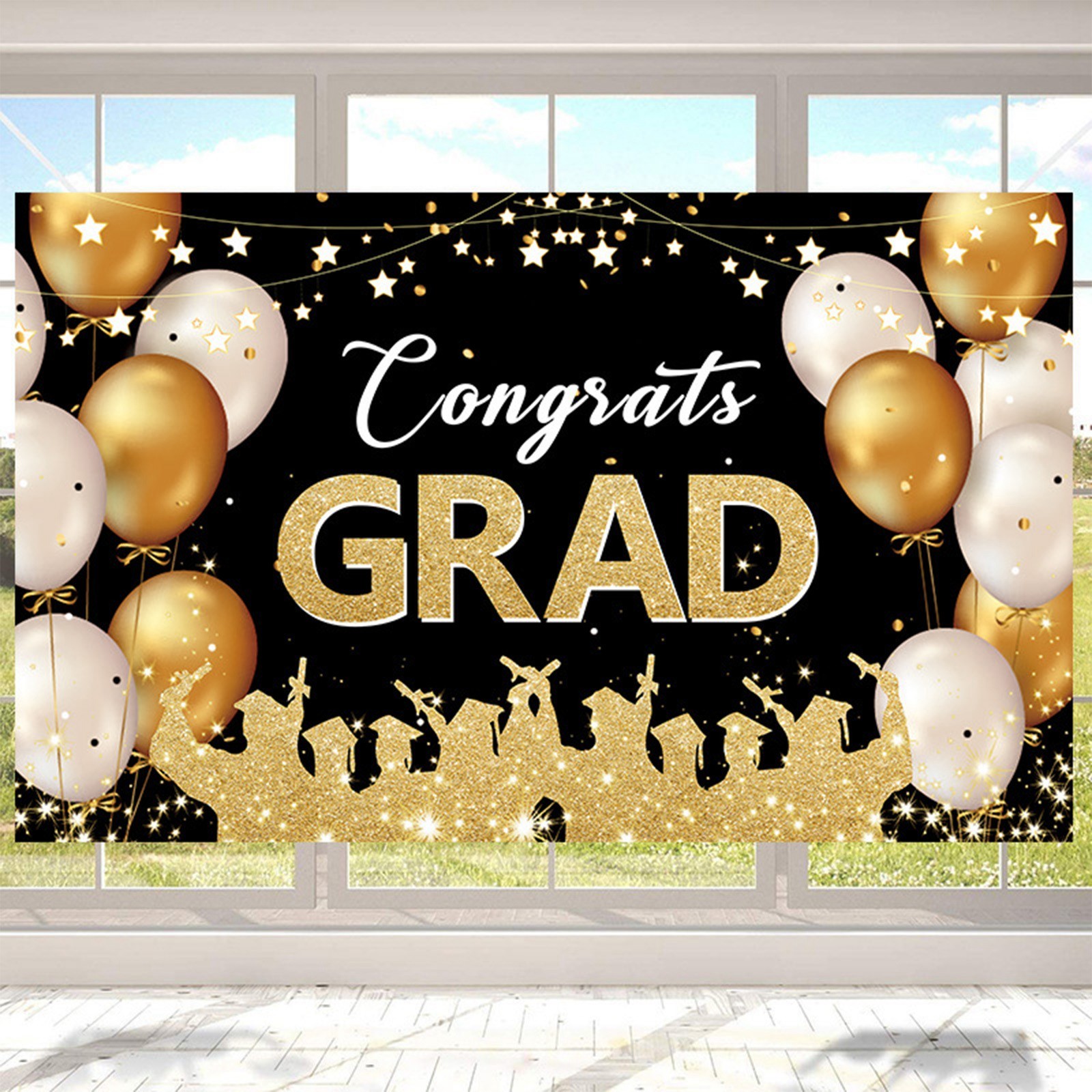 Black And Gold Graduation Backdrops Banner Congrats Grad Sign Banner ...