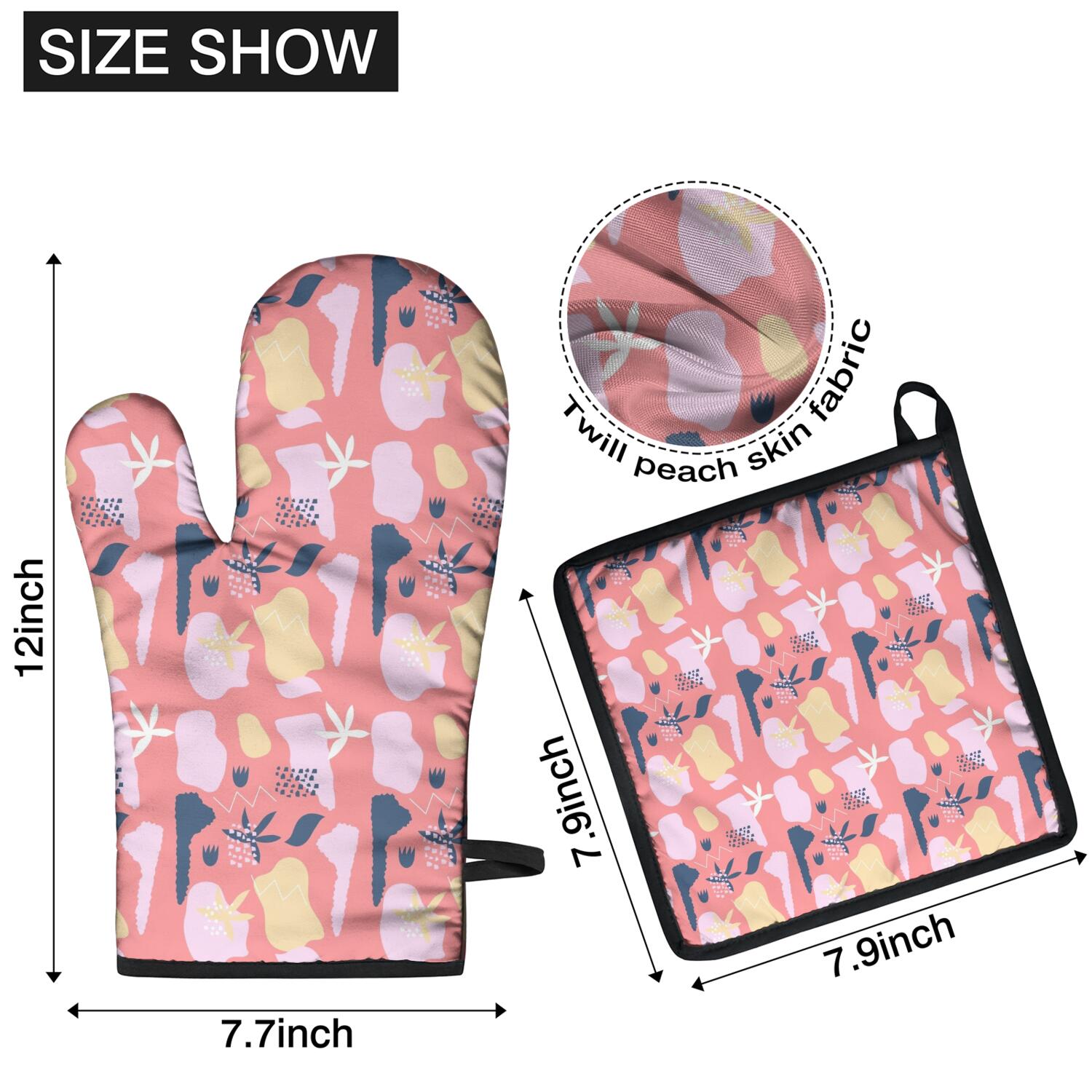 Floral Pattern Oven Mitts and Pot Holders Set Of 4, Heat Resistant Kitchen Gloves with Non-Slip Grip, Hanging Loop, Soft Cotton Lining for Baking, Cooking, Grilling, Barbecue