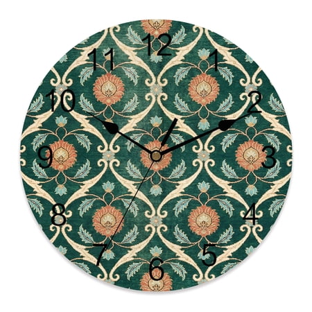 Wall Clock 14 Inch Retro Boho Forest Green Damask Round Silent Decorative Wall Clocks Battery Operated for Living Room Bedroom Kitchen Classroom Decor, Elegant Symmetrical Floral