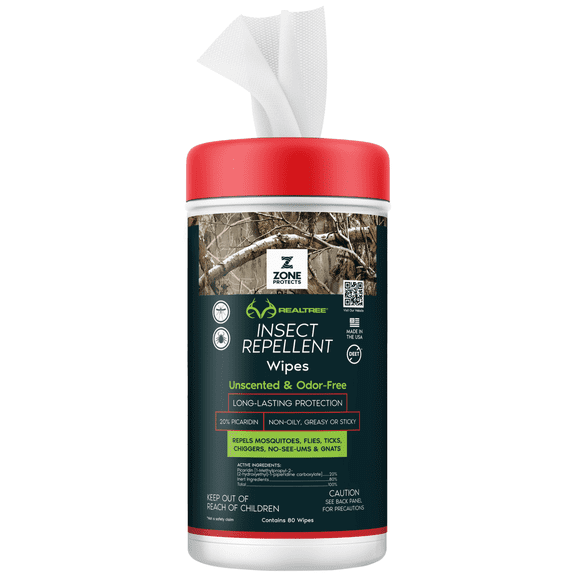 Zone Realtree Picaridin Insect Repellent Wipes; 80-ct, 12-hr Protection Against Ticks, Mosquitoes, Chiggers and Gnats