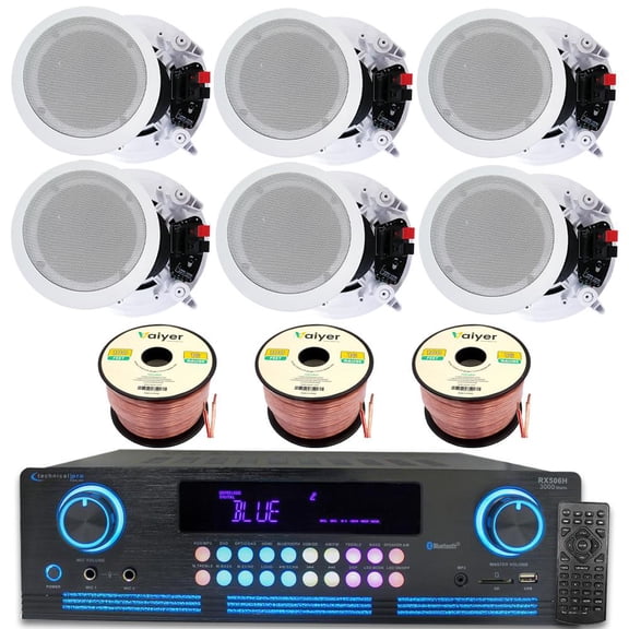 Home Theater Sound System Kit - 2000 Watts Bluetooth Amplifier w/ 6 QTY of 8" Framed Ceiling Speakers 300 W Each, 300 ft Speaker Wire & Remote for Home, Bar, Office, Restaurant by Technical Pro