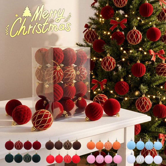 Dmlowu 24Pcs Christmas Ball Ornaments, Flock Shatterproof Red Christmas Ornaments, Christmas Tree Decorations for Holiday Wedding Party Home Office Mall