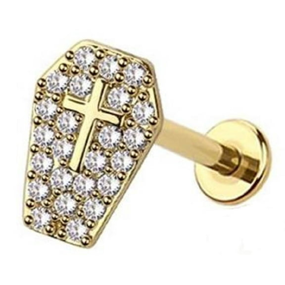 Body Accentz Crystal Cross Coffin Labret Stud, 18G Surgical Steel, 5/16 inch, Gold/Clear
