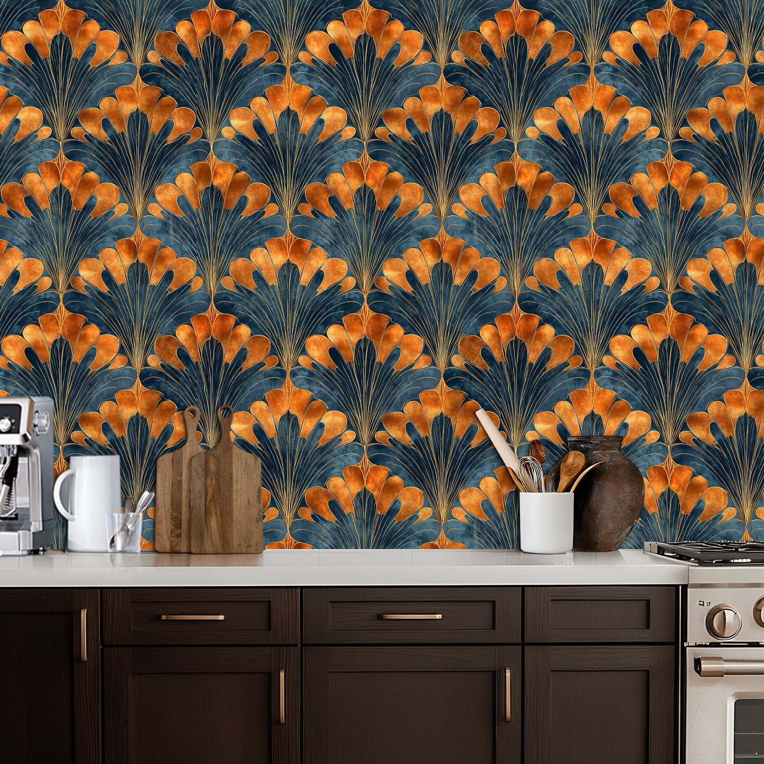 Peel and Stick Wallpaper Art Deco Gold Blue Fan Elegant Detailing Wall Mural 17.7in x 9.8ft Self Adhesive Removable Wall Paper Renter Friendly Wallpaper for Nursery Bedroom Cabinets