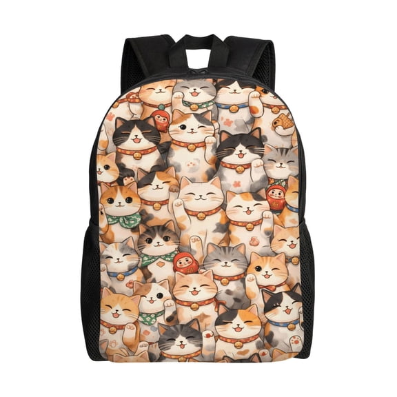 Cute Cartoon Lucky Cat Backpack Full Front Print Travel Laptop Bag for Men and Women